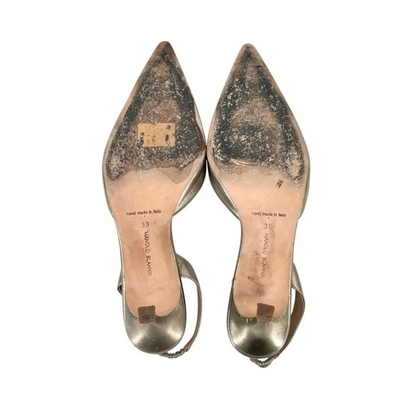 Manolo Blahnik Carolyne 70 Nappa Leather Slingback Pumps - Gold Size 39 / US 9 - Picture 10 of 11